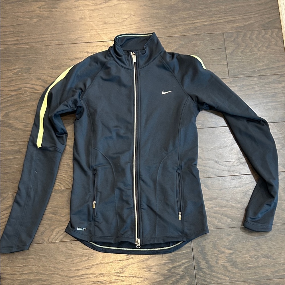 Nike Women's Dark Blue Jacket with Light Yellow Stripes